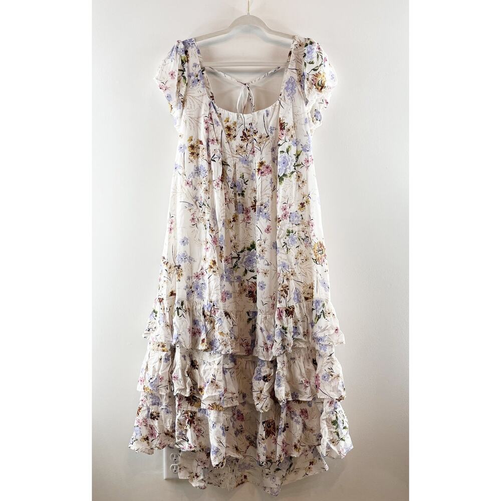 Anthropologie Tiered Ruffle Hem Floral Cap Sleeve Maxi Dress White 1X - Picture 4 of 9